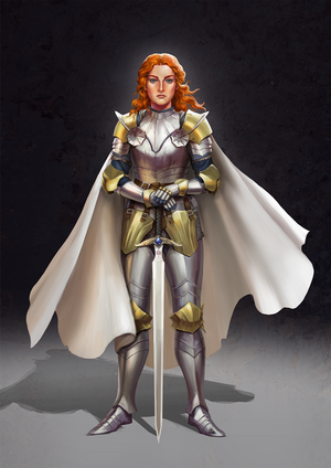 Andelena, wearing her plate armor and holding Deliverance. Art commissioned from Aria Phan.